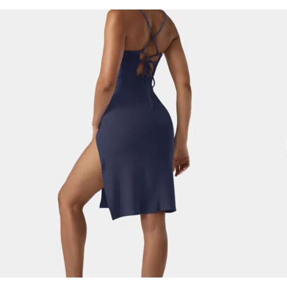 Halara Women's NWT Navy Everyday Split Strap Bodycon Midi Dress Size Large - Picture 2 of 9